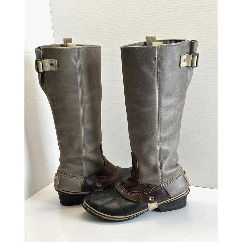 Sorel Slimpack Tall Riding Boots Womens 7 Duck Gray Leather Equestrian Rain Snow